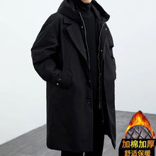 冬季新款假两件连帽中长款棉服男厚款保暖棉衣韩版加厚大衣男外套