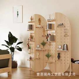 跨境新款洞洞板屏风木质落地式可移动置物架家居玄关隔断屏风实木