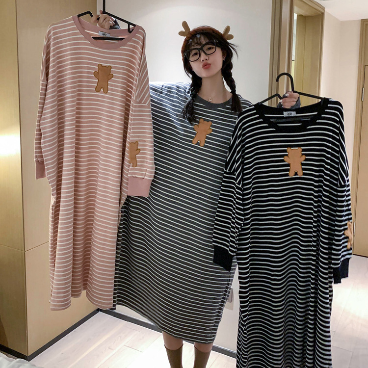21 Bear Striped Long-sleeved Nightgown Women's Autumn Long Cute Pajamas Lycra Cotton Loose Large Size Pregnant Women's Home Clothes
