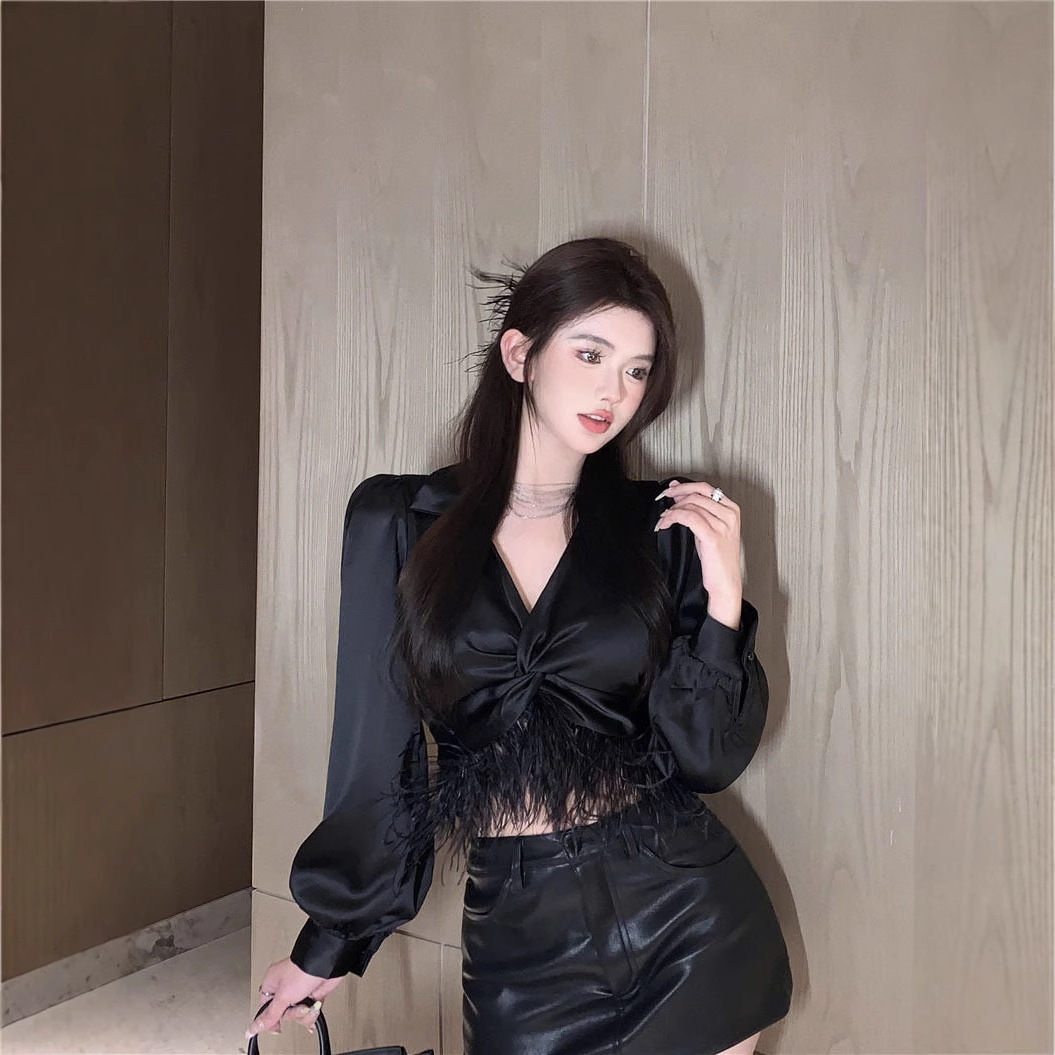 (2개) 새틴 셔츠 여성 디자인 센스 틈새 깃털 술 셔츠 가을 프랑스 V 넥 사교계 우아한 긴팔 탑