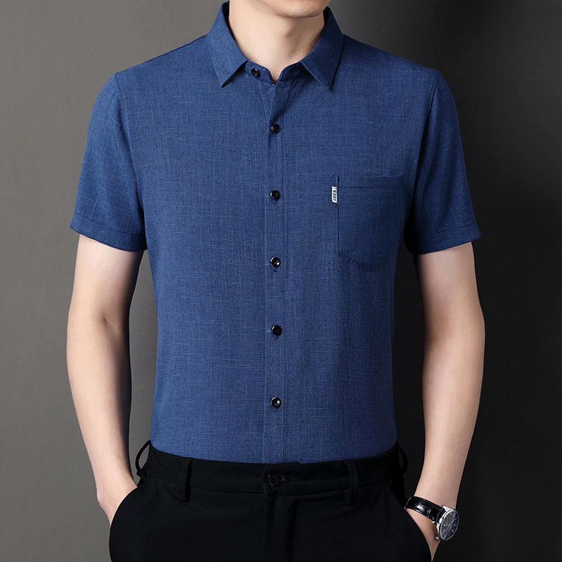 2025 New Summer Style Young and Middle-Aged Men's Lapel Short-Sleeved Shirts Solid Color Business Casual Tops