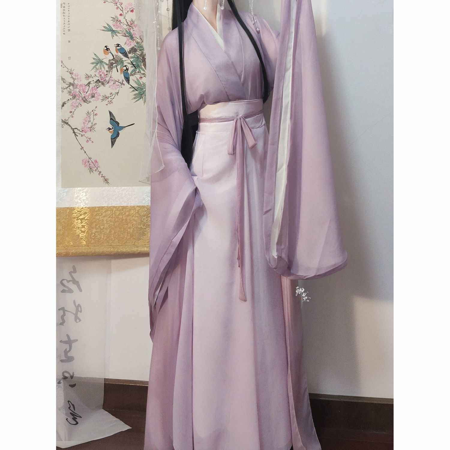 Caihongxuan Original Hanfu Twilight Mountain Purple Female Wei Jin Feng Cross-collar Wide Sleeve Waist-length Printed Broken Skirt Fairy Daily suit