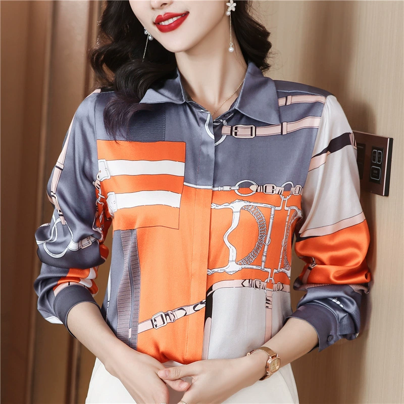 Рубашка из искусственного шелка для женщин 2024 Весна новая свободная Модная рубашка с принтом пальто из высококачественного шелка тутового дерева Топ