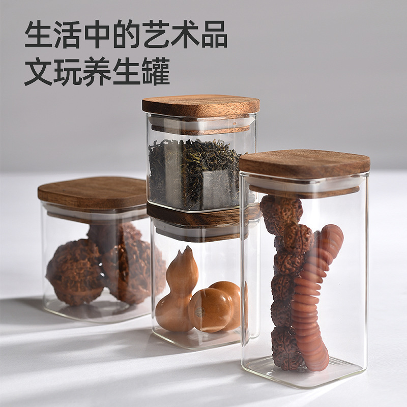新型四角い貯蔵缶ガラス密封缶厨房収納缶雑穀キャンディー缶小角箱木蓋ガラス缶|undefined