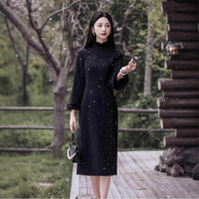 贝之韵黑色新中式毛绒领旗袍女2025冬季新款加绒保暖日常穿老上海