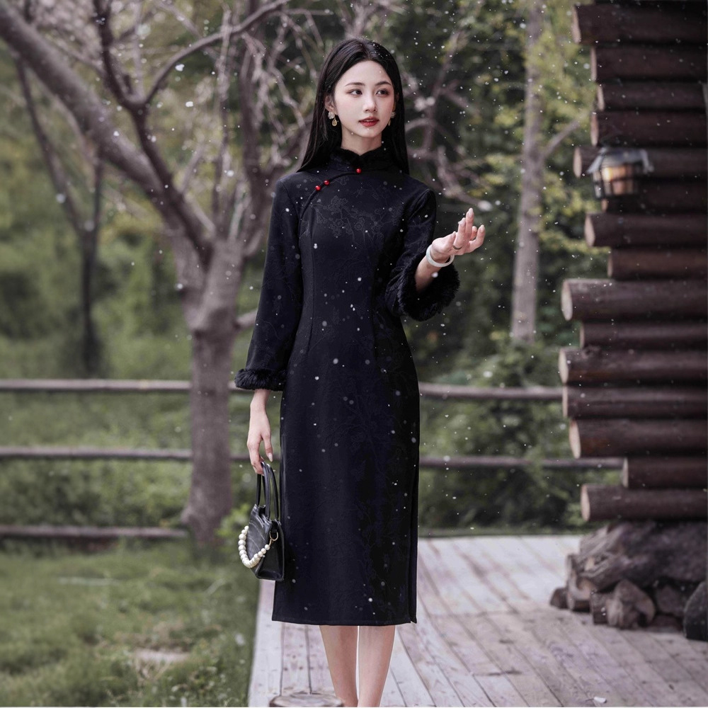 贝之韵黑色新中式毛绒领旗袍女2025冬季新款加绒保暖日常穿老上海