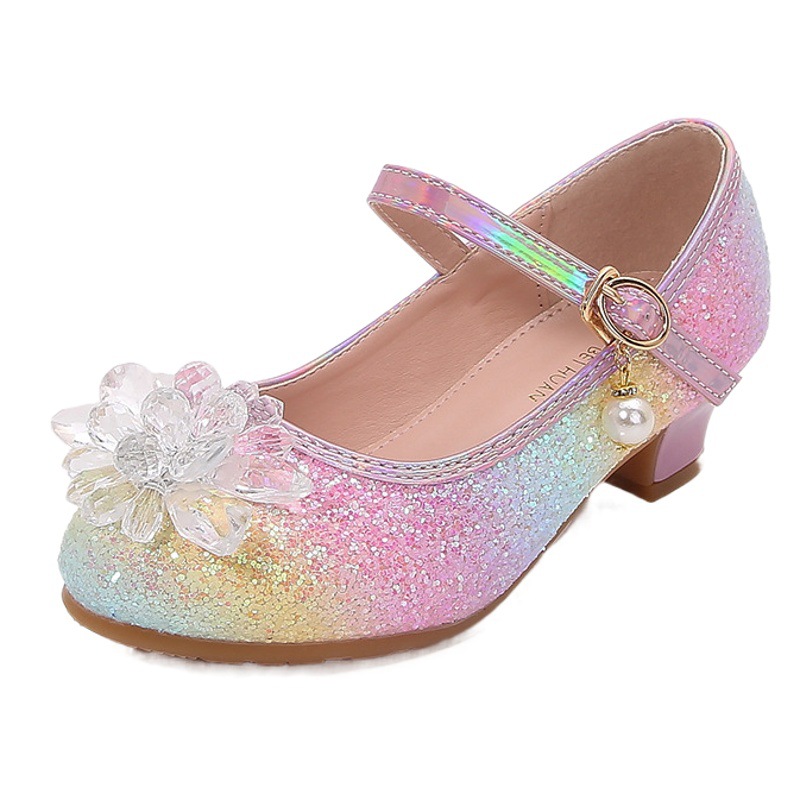 Zapatos de tacón alto para niñas Primavera y otoño nueva niña Zapatos de cuero de cristal Zapatos de princesa para niños medianos y grandes Pasarela para niños de fondo suave