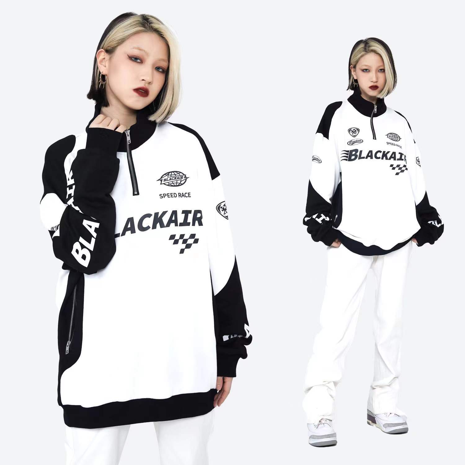 Original americano retro media cremallera color a juego ropa de carreras suéter para hombres y mujeres Primavera y otoño pareja marca de moda calle alta chaqueta de la motocicleta