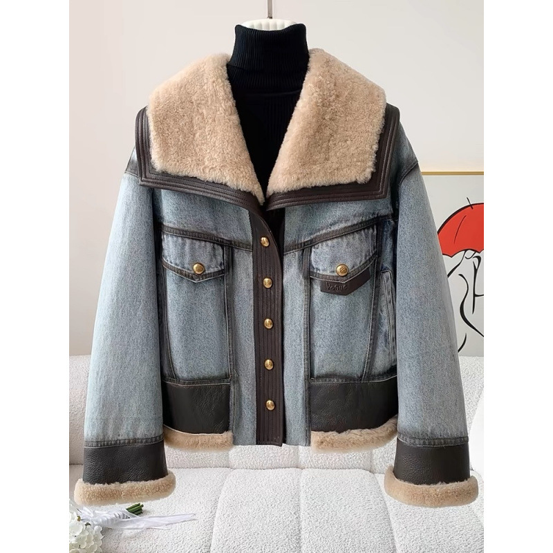 欧货复古气质皮毛一体牛仔外套女冬季新款鸭绒羽绒服宽松加厚上衣