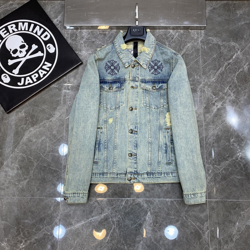 The Correct Version of Chrome Hearts21Ss Denim Is Coming Soon. Embroidered Horseshoe Ripped Denim Jacket