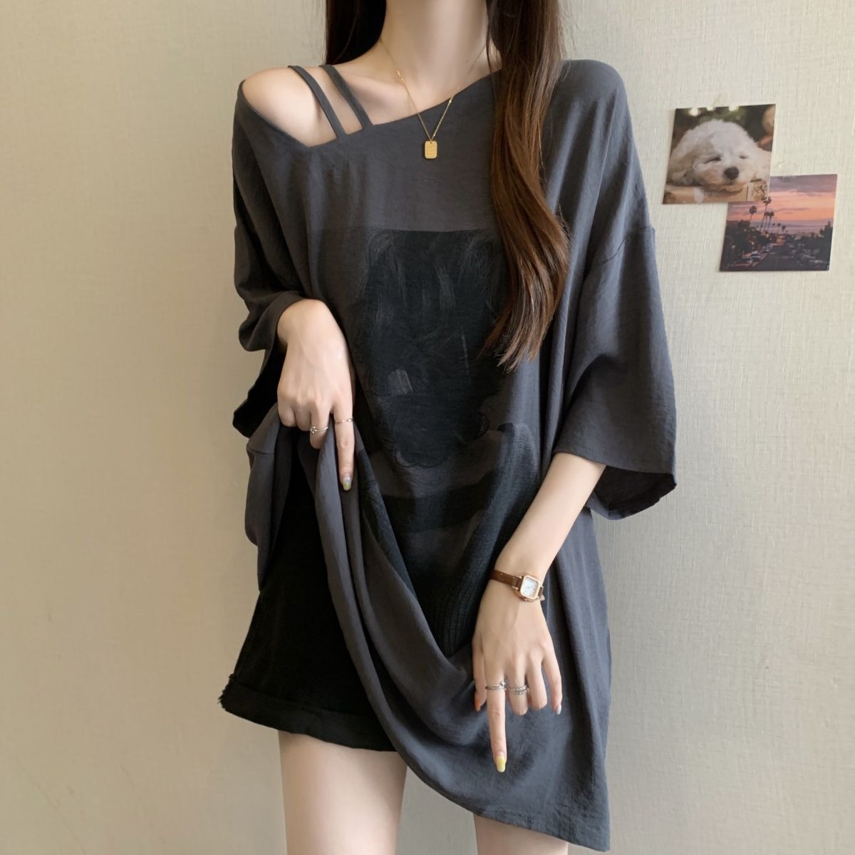 Camiseta de manga corta con diseño sin tirantes impreso de gran tamaño para mujer verano 2024 nuevo estilo suelto y delgado mm top femenino ins