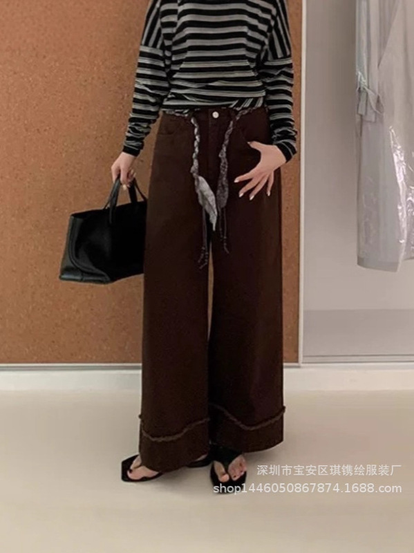 琪镌绘制秋季新款简约直筒显瘦高腰拼接毛边宽松休闲长裤女9986|undefined