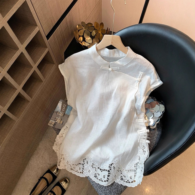 New Chinese Style Slanted Lapel Hollow Embroidery Imitation Linen Sleeveless Shirt for Women 2025 Summer New Fashionable Versatile Outer Vest