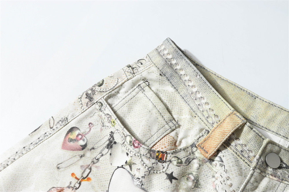 Erkek Punk Zincir 3D Dijital Baskılı Geniş Paça Kot Pantolon - Hipster Tarzı İçin Sokak Modası Eskitilmiş Yıkanmış Kot Pantolon_voghion.com