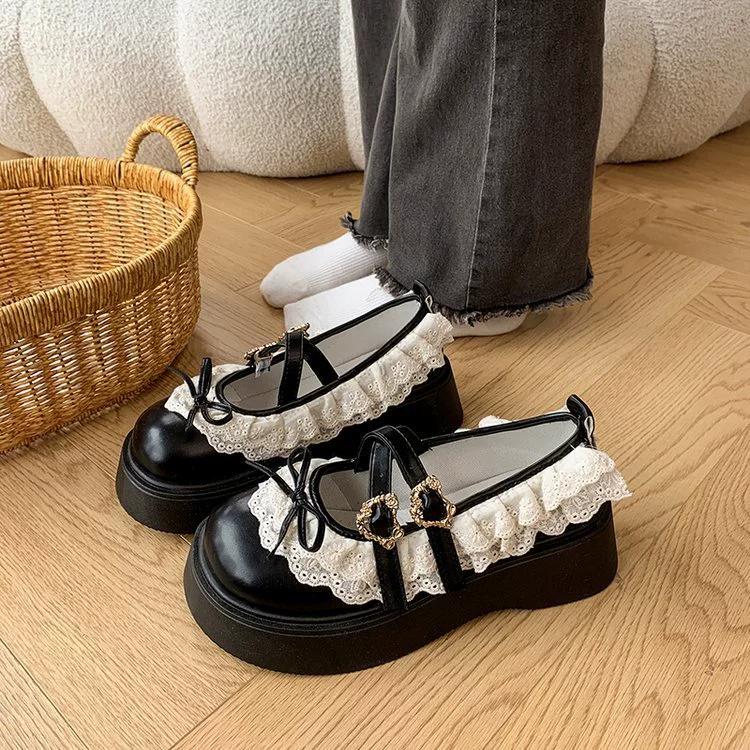 Чистый красный французский бант кружево Мэри одиночные туфли женская весна 2025 новая обувь Lefu на толстой подошве JK маленькие кожаные туфли