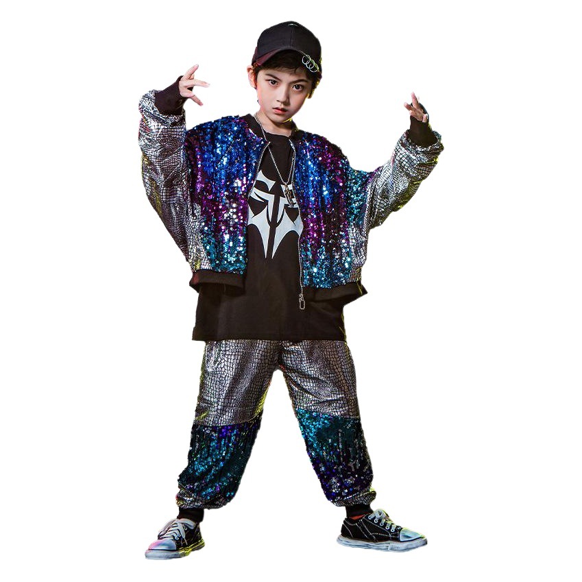 Día de Año Nuevo los niños rendimiento ropa traje tambor niño lentejuelas plata pasarela hip hop ropa de niña ropa de moda