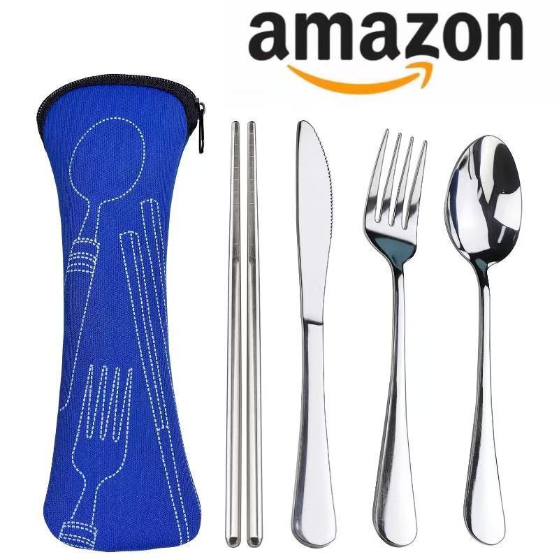 Cross-Border Amazon Stainless Steel Tableware Knife, Fork, Spoon and Chopsticks 5-Piece Travel Camping Style Portable Knife and Fork Set Wholesale