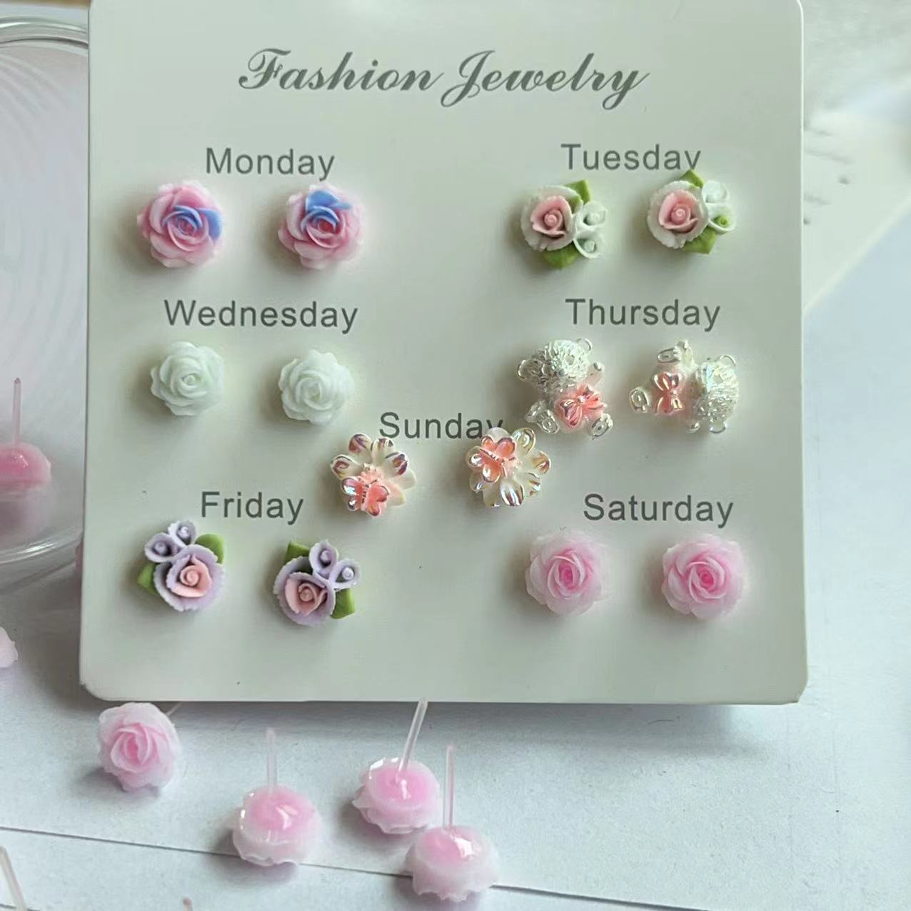 花朵清新耳钉胶针抗过敏小众耳环2024新款少女耳饰套装学生百搭批