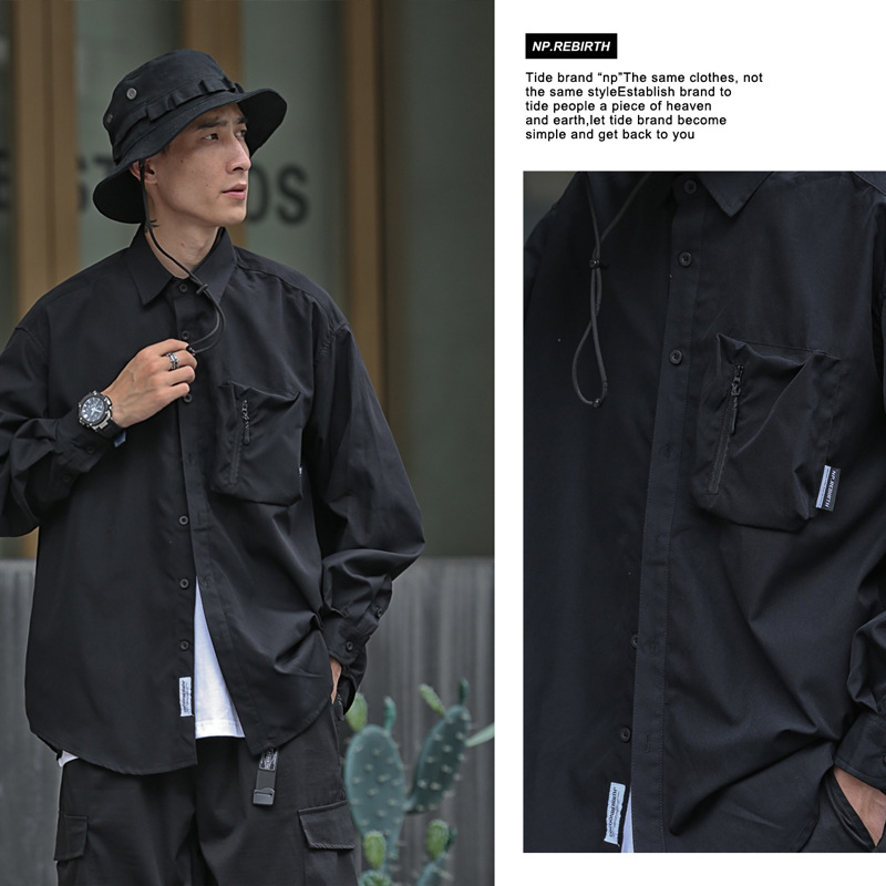 NP hombres otoño e invierno nuevo estilo japonés camisa suelta cityboy multi-Bolsillo camisa de moda marca camisa de manga larga para hombres y mujeres