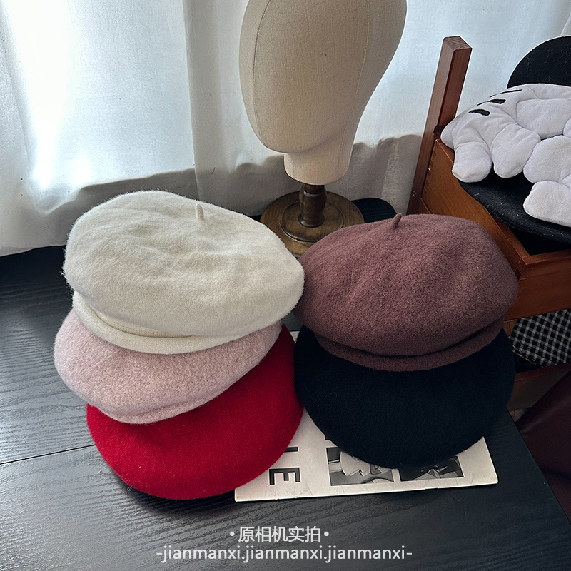 韩版纯色卷边针织贝雷帽秋冬复古百搭文艺蓓蕾帽女甜美保暖画家帽|undefined