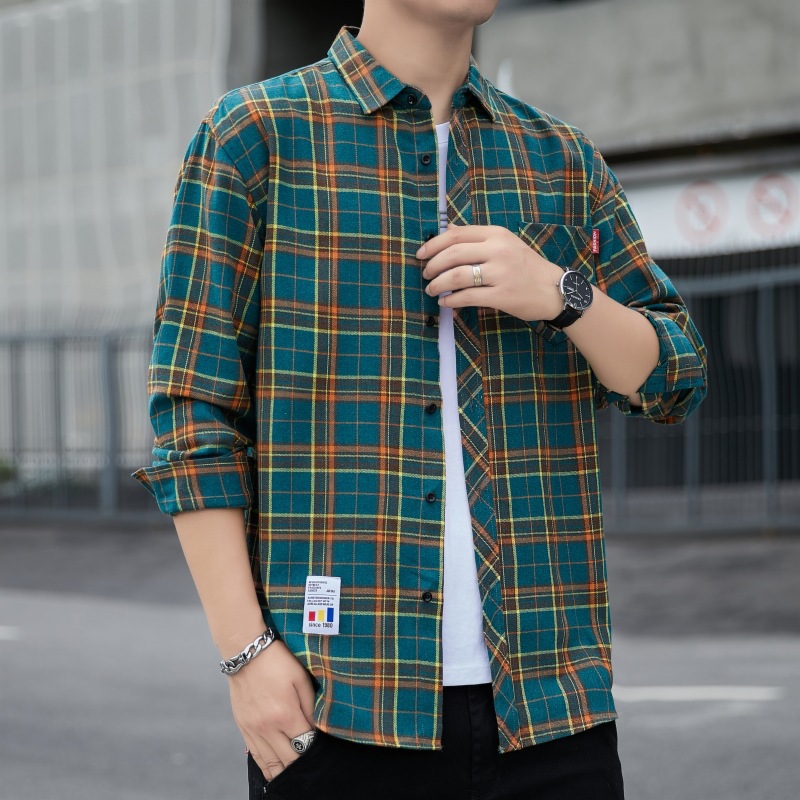 2023 camisa a cuadros suelta de los hombres abrigo de otoño estudiante camisa de manga larga camisa casual de los hombres entrega de una sola pieza