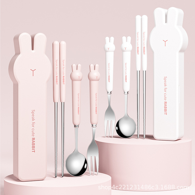 High-value 304 stainless steel portable tableware suit cute rabbit spoon fork chopsticks children's fork spoon three-piece set