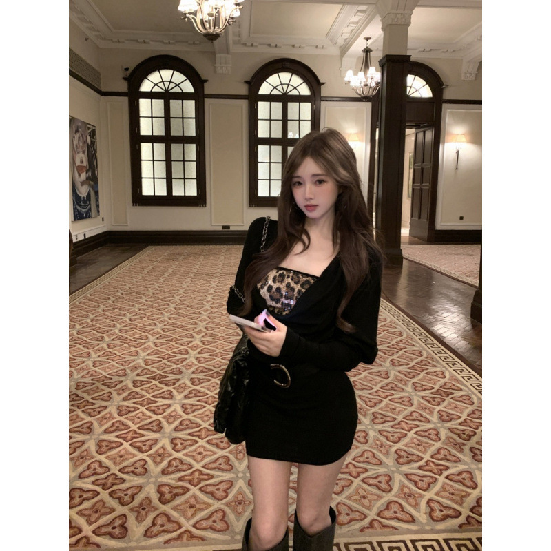Autumn and Winter Hot Girl Style Leopard Print Tube Top High-End Swing Collar Long-Sleeved Slimming Hip-Hugging Waist Dress Suit for Women