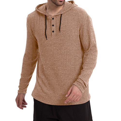 Men's European and American Autumn/Winter Long Sleeve Casual Hooded T-shirt with Corded Hood and Button Base Layer Top