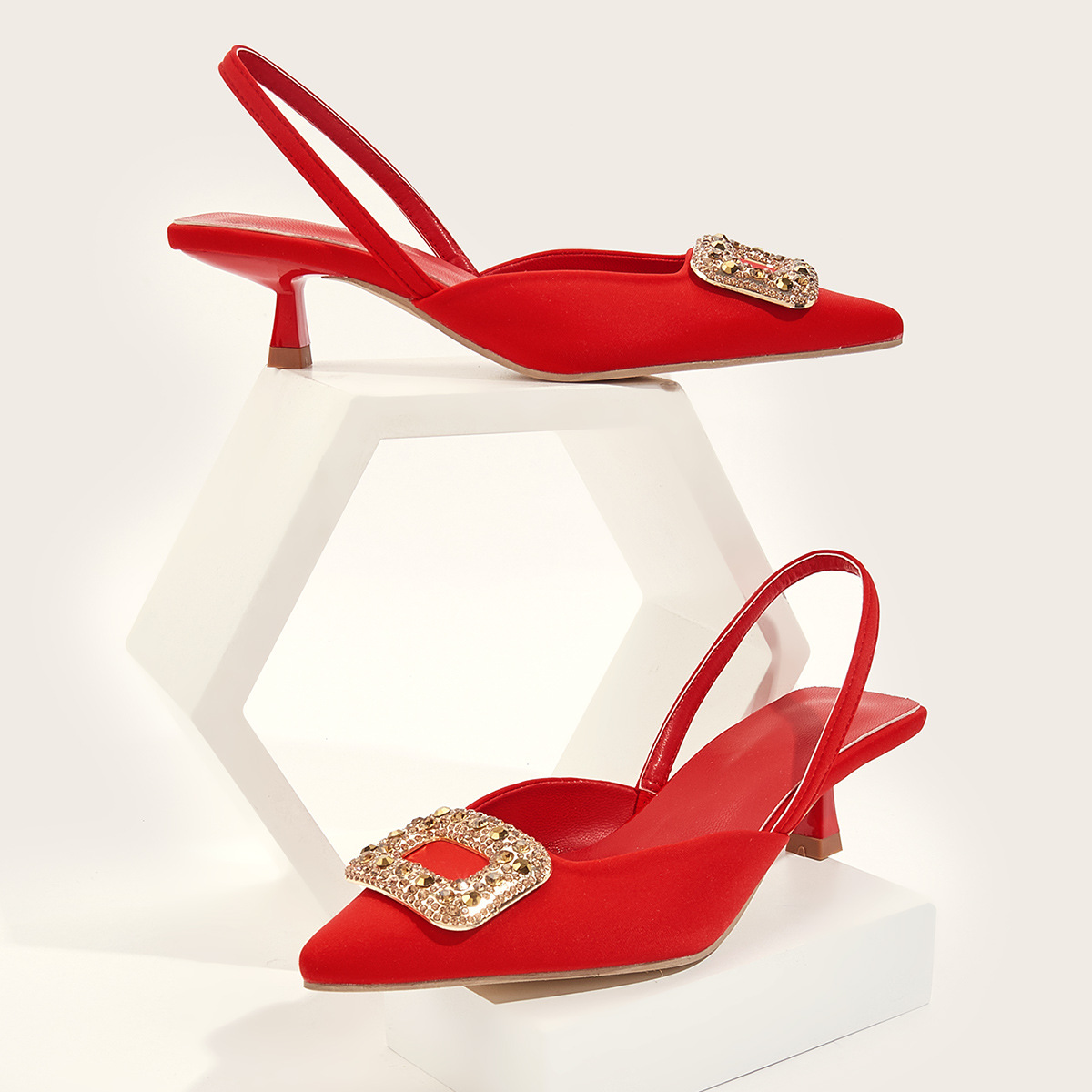 2024 New High Heel One line with Headband Back Empty Women's Sandals Water Diamond Square Button Banquet Women's Shoes