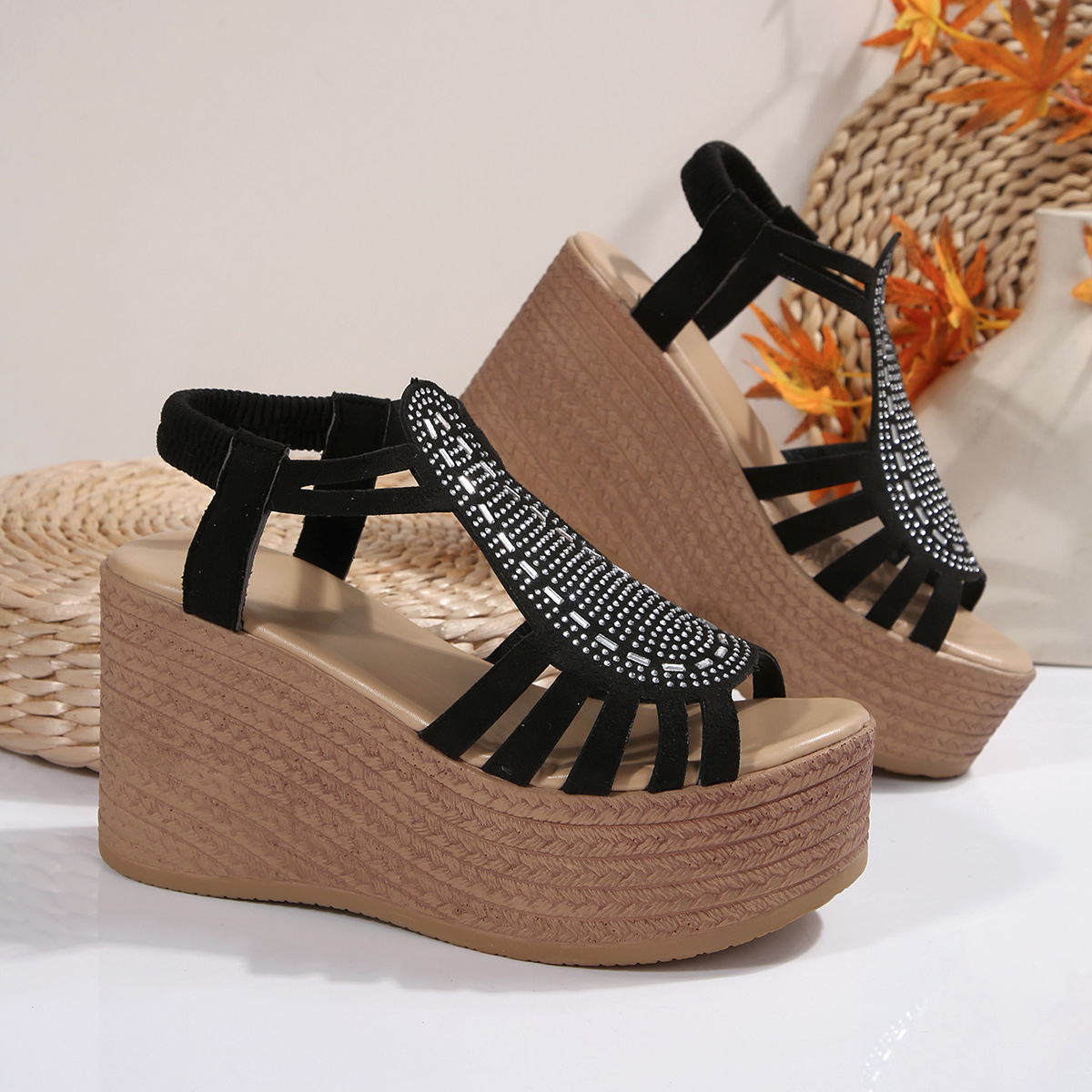 Sandali con zeppa da donna con strass, nuovo stile estivo, plateau, taglie forti, sandali romani con fascia elastica e traforata_voghion.com