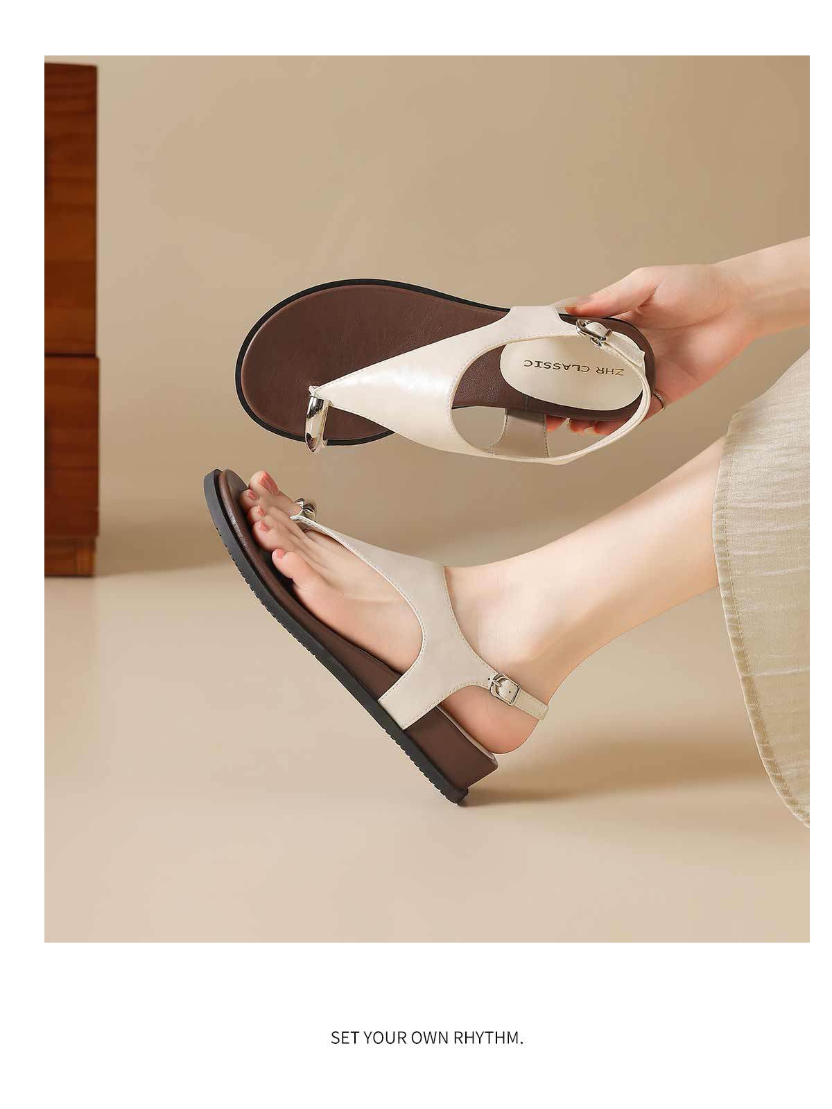 Sandal xỏ ngón nữ kiểu Pháp cổ điển phong cách La Mã đi biển — Q85 Màu be chi tiết 19