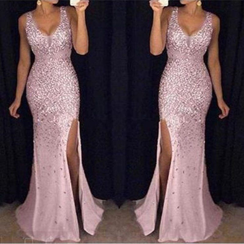 Vestido largo de noche con abertura y adornos dorados para mujer, nueva colección de comercio exterior europeo y americano de primavera 2025, disponible en Amazon.