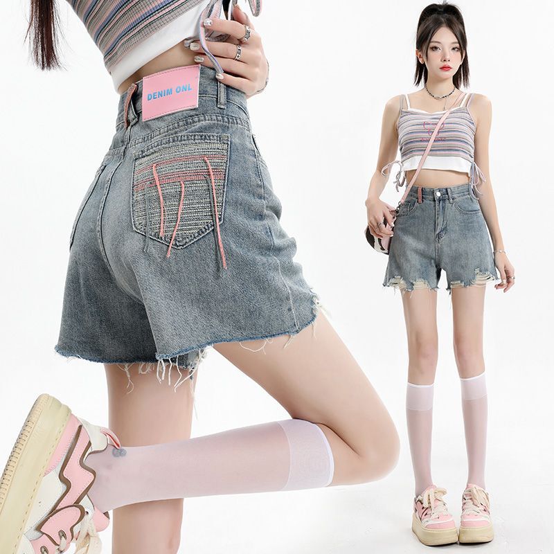 Ripped Denim Shorts Women's Summer New High Waist Slimming Loose Thin Hot Hot Trendy Hot Trendy Hot Pants with A- line Wide Legs