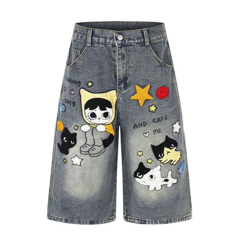 American-Style Sweet and Cool Cartoon Cat Flocked Denim Pants, Vintage Washed, High-Waisted, Loose Wide-Leg Straight Versatile Cropped Pants American-Style Sweet and Cool Cartoon Cat Flocked Denim Pants, Vintage Washed, High-Waisted, Loose Wide-Leg Straight Versatile Cropped Pants