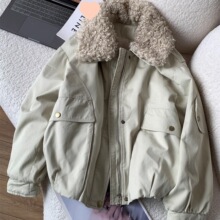欧货毛绒翻领加厚夹棉短款工装外套女秋冬小个子夹克棉服上衣