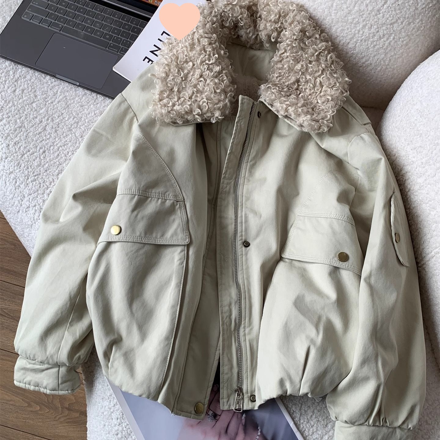 欧货毛绒翻领加厚夹棉短款工装外套女秋冬小个子夹克棉服上衣