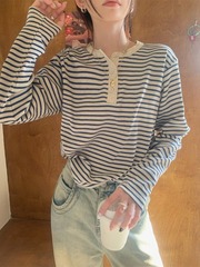 实拍早秋款基础半开领条纹长袖打底T恤宽松百搭设计感上衣女55474