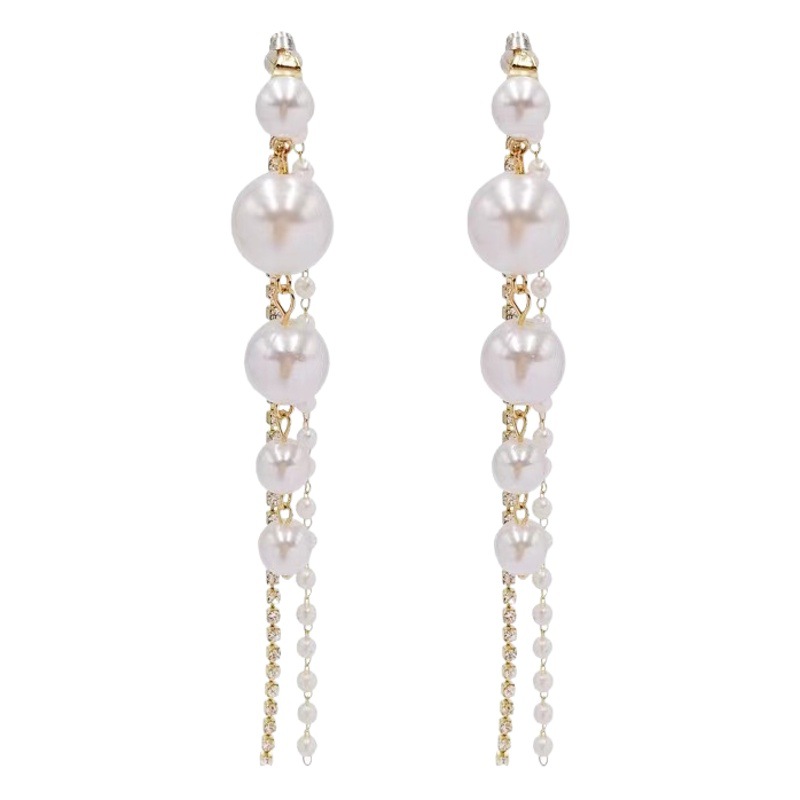 Socialite style Pearl tassel long rhinestone earrings S925 silver needle elegant personality simple temperament Internet celebrity earrings for women