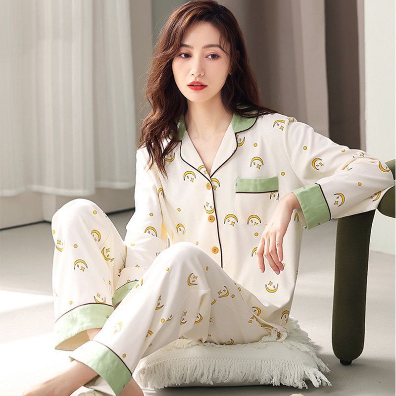 Pijamas de alta gama 100% algodón de las mujeres de primavera y otoño de manga larga cardigan de alta gama dulce ropa de abrigo homewear traje