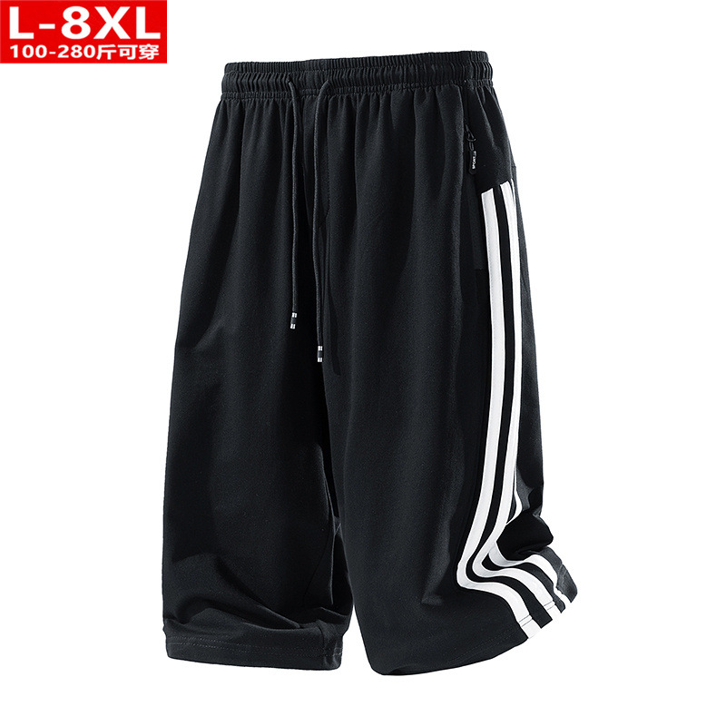 Summer Trendy Men's Three-Stripe Cropped Pants Plus-Size Loose Cotton Sports Casual Cropped Pants