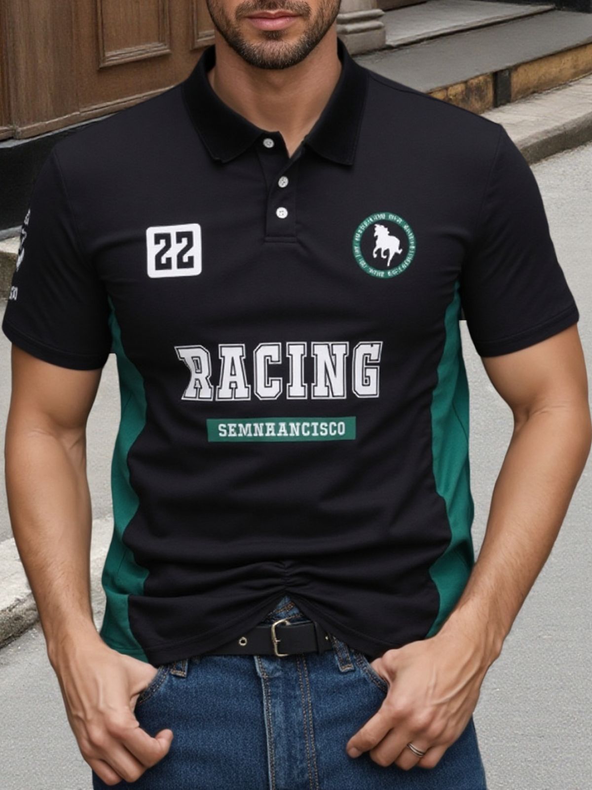 Polo homme style racing rétro noir et vert à patchs_voghion.com