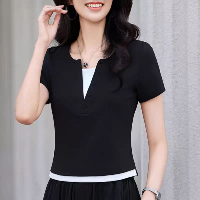 襟偽二枚半袖tシャツ女性2025年夏の新型ショート通勤シャツ|undefined