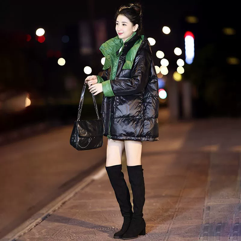 Черная глянцевая зимняяVelvet куртка из пуха, 2024 год, oversize, утка пух