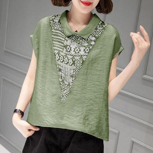 Baby Collar Short Sleeve Cotton Linen Shirt Summer Loose Fitting Slimming Splicing Plus Size Women's Blouse Print Stomach Covering Top Thin