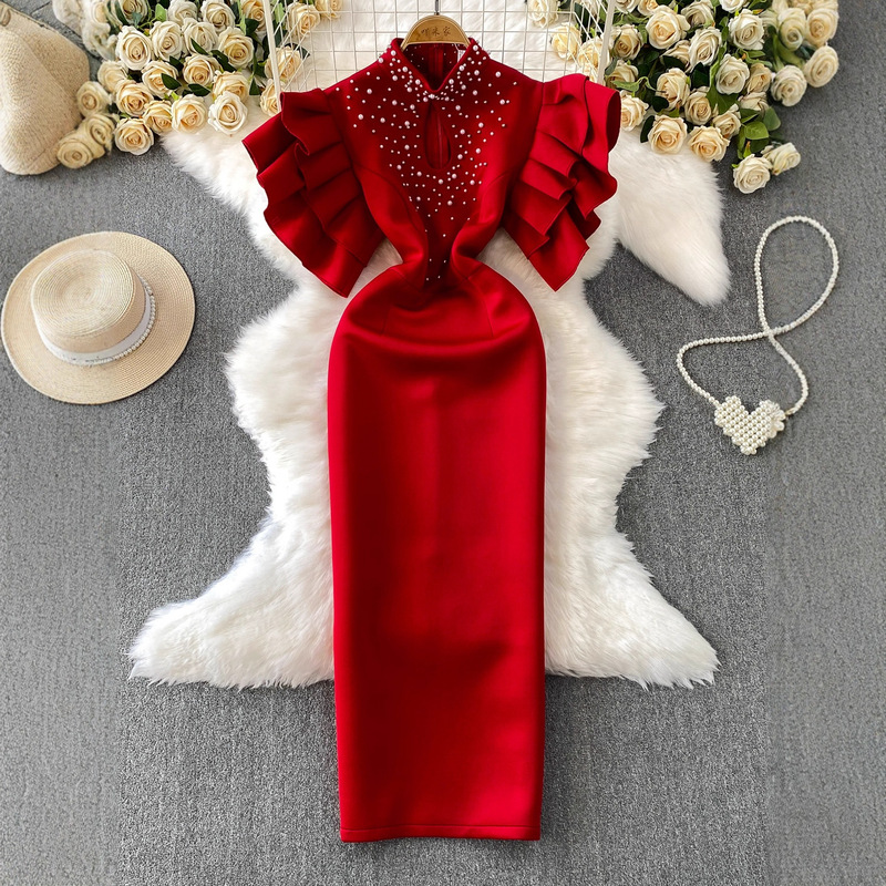 Luxurious High-Quality Summer Evening Long Dress for Women with Ruffled Beaded Sleeves, Slim Fit, Elegant