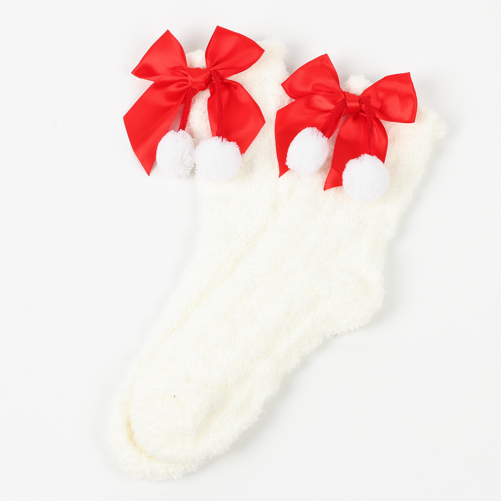 Calzini da donna Calzini spessi e caldi in peluche Calzini in pile corallo con fiocco Calzini a tubo medio autunnali e invernali Calzini con fiocco_voghion.com