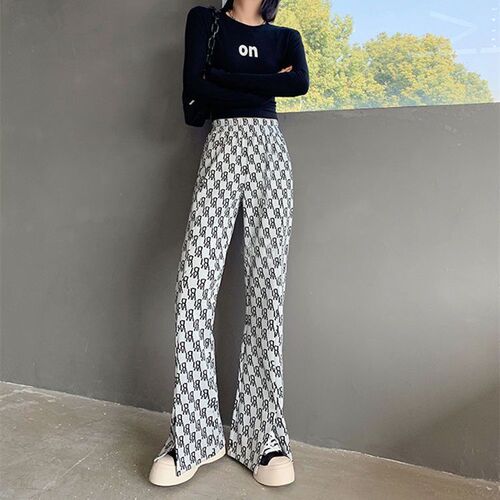 New style split casual pants, women's letters, high waist, slimming, falling, ice silk, wide-leg pants, fashionable spring and summer ins pants