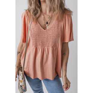 European and American Simple All-match Loose V-neck Pullover Women's 2025 Summer New Solid Color Pleated Knitted Short-sleeved T-shirt for Women