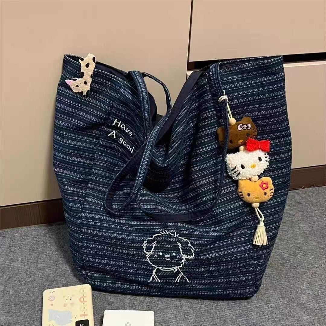 레트로 데님 강아지 토트백 다용도 한국 스타일 양면 캔버스 가방 스트라이프 학생 다용도 KT 고양이 펜던트 천가방