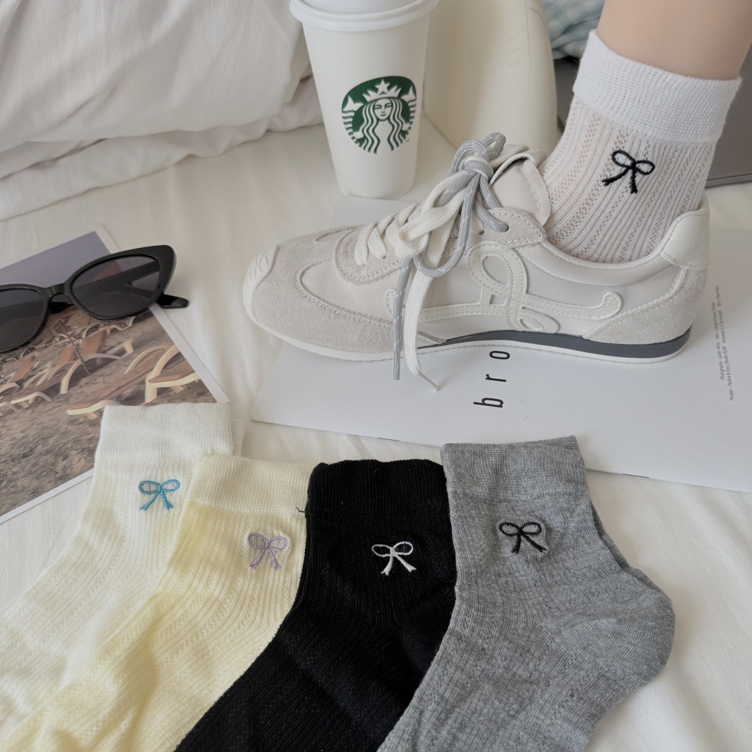 Embroidered Bow Short Socks, Thin Hollow Versatile Summer Socks, Japanese Student Socks, Mesh Breathable Crystal Stockings